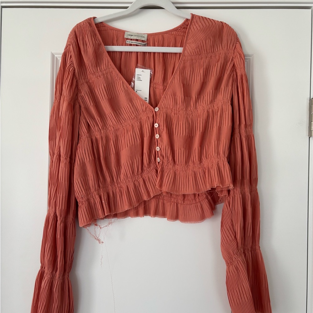 Urban Outfitters Rusty Coral Pleated Button-Front Blouse NWT